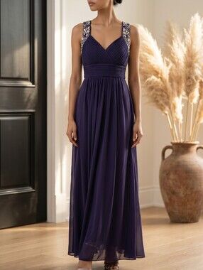 Xscape By Joanna Chen Deep Purple Beaded Strap Chiffon Maxi Dress